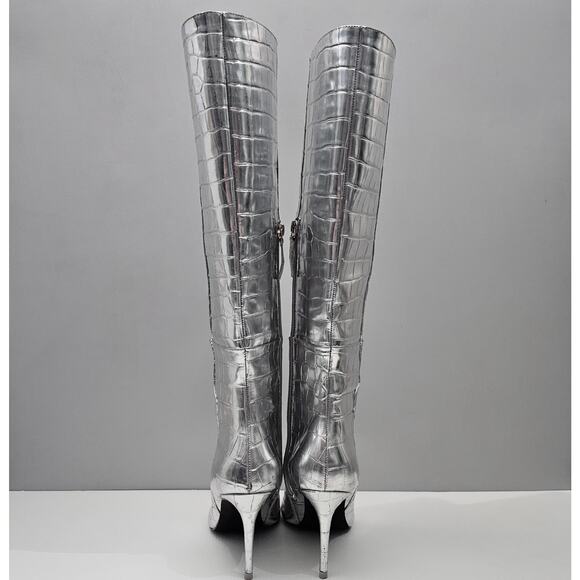Black Suede Studio Tory Knee High Boot EU 38 Metallic Silver Croc Embossed Heel - Picture 11 of 16